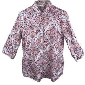 Chicos Linen 3/4 Sleeve No Iron Button Down Shirt Tunic Size 0 (4/6) S Paisley